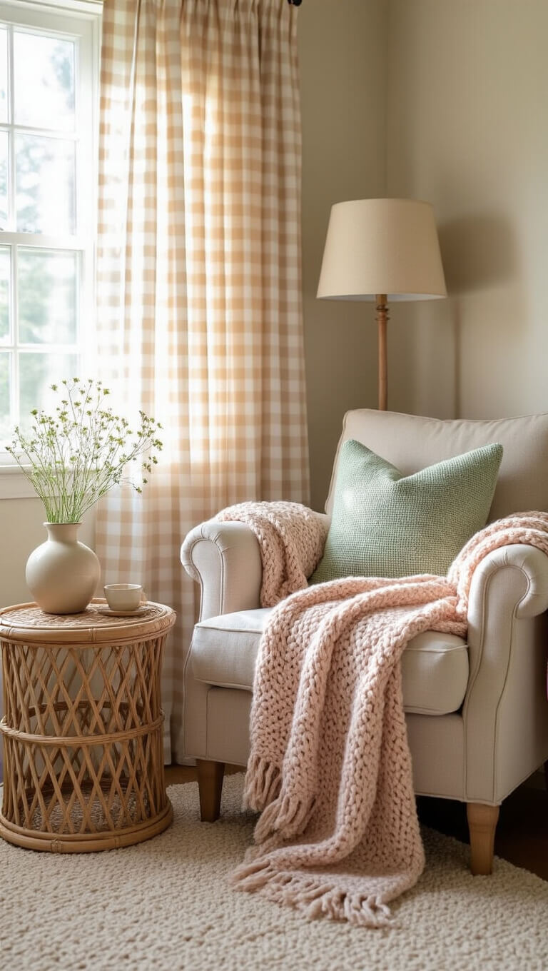 Cozy corner reading nook in nursery with plush oatmeal armchair, blush and sage blankets, rattan side table, and warm afternoon light filtering through sheer gingham curtains.