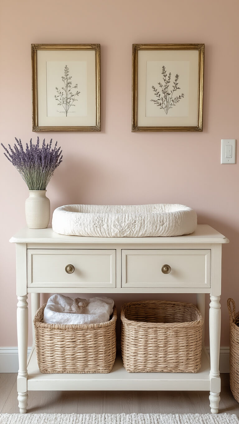 Close-up of vintage white changing station with woven baskets, dried lavender, and embroidered linen pad against blush pink wall with botanical prints.