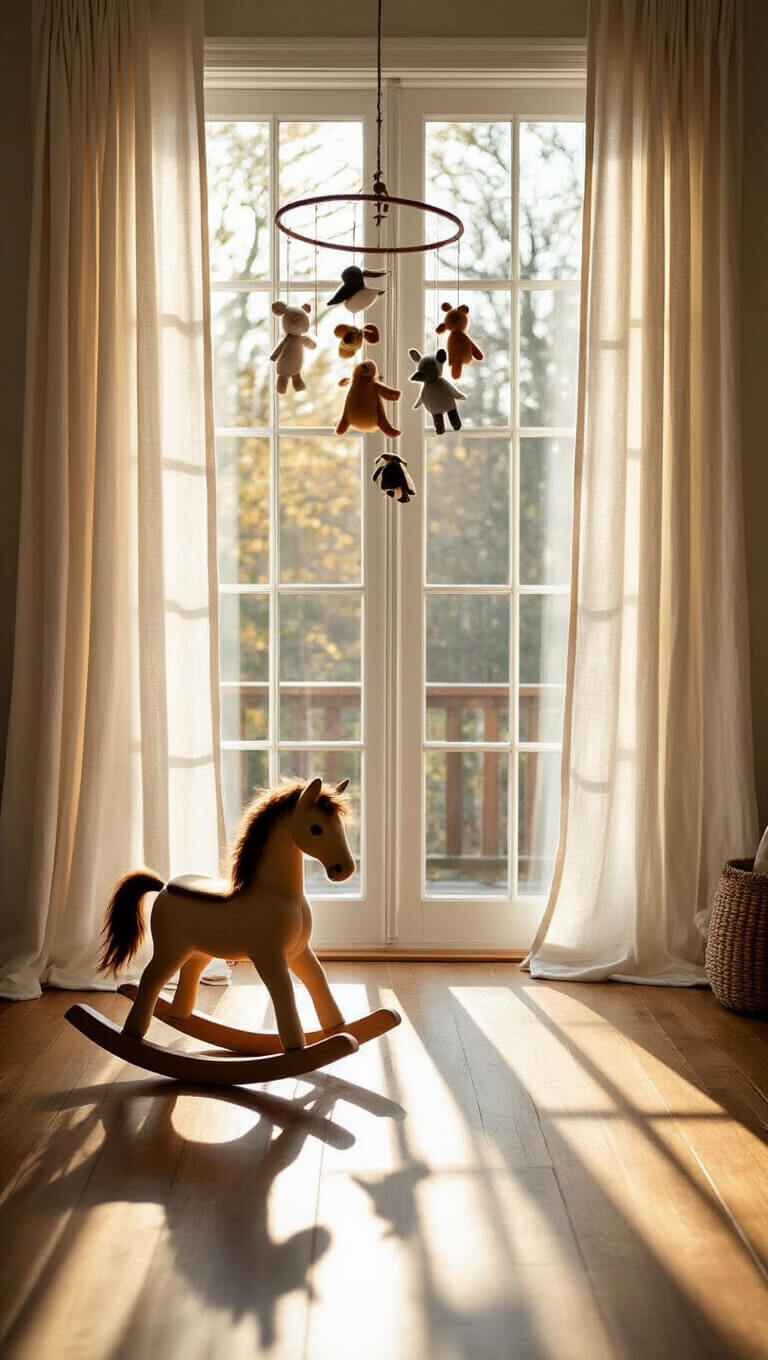 Golden-lit nursery with floor-to-ceiling linen curtains, wooden rocking horse casting long shadows on aged hardwood floor, and a felt woodland creature mobile gently spinning above.
