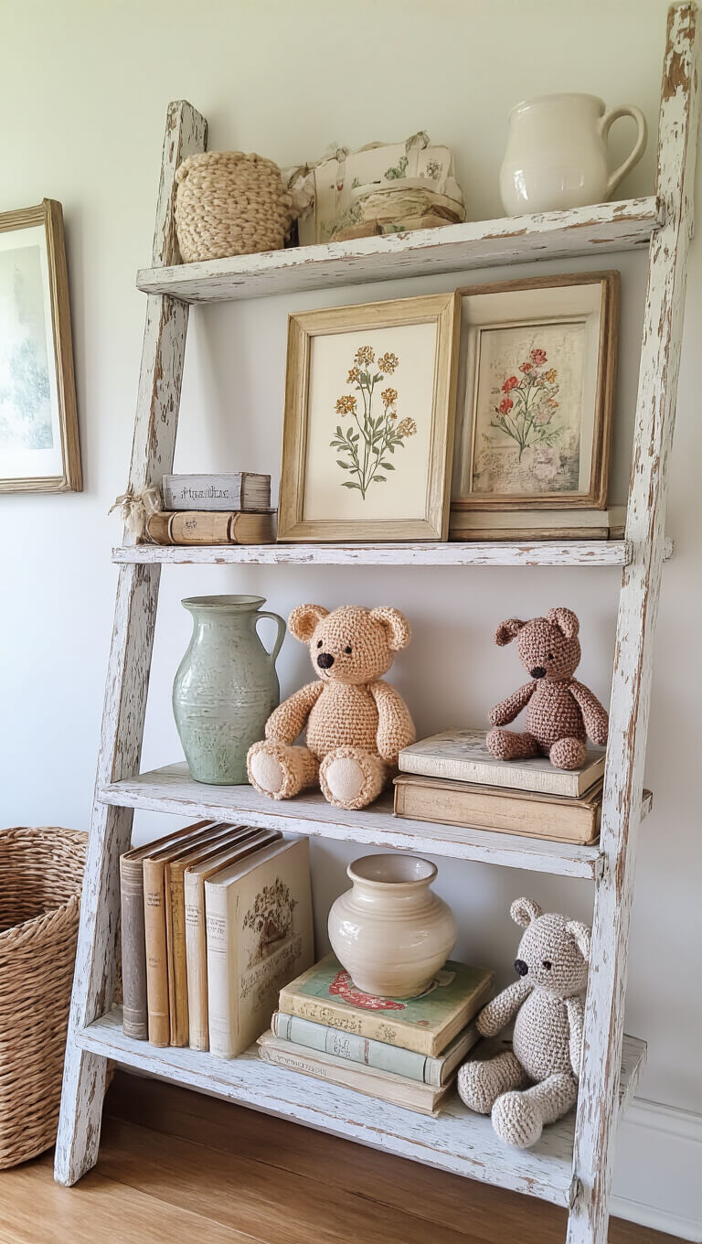 Nursery bookshelf with vintage books, pottery, and crocheted toys on a weathered ladder shelf, side-lit to highlight textures, with pressed flower art on the nearby wall.
