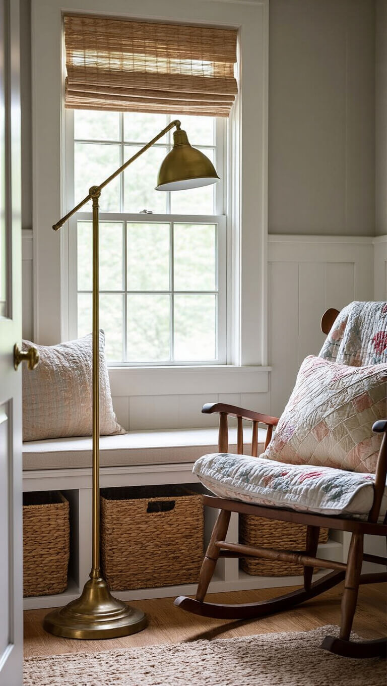 Cozy nursery at dusk with vintage brass floor lamp illuminating pine rocking chair and quilted cushions, woven baskets under white window seat, viewed from doorway with moody lighting.