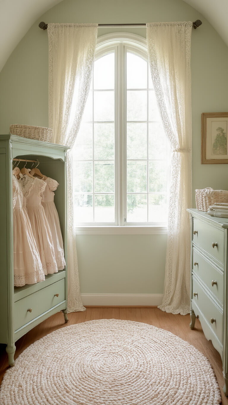 Bright nursery with arched window, lace curtains, sage green antique wardrobe displaying vintage dresses, and cream and blush braided rug in soft morning light.