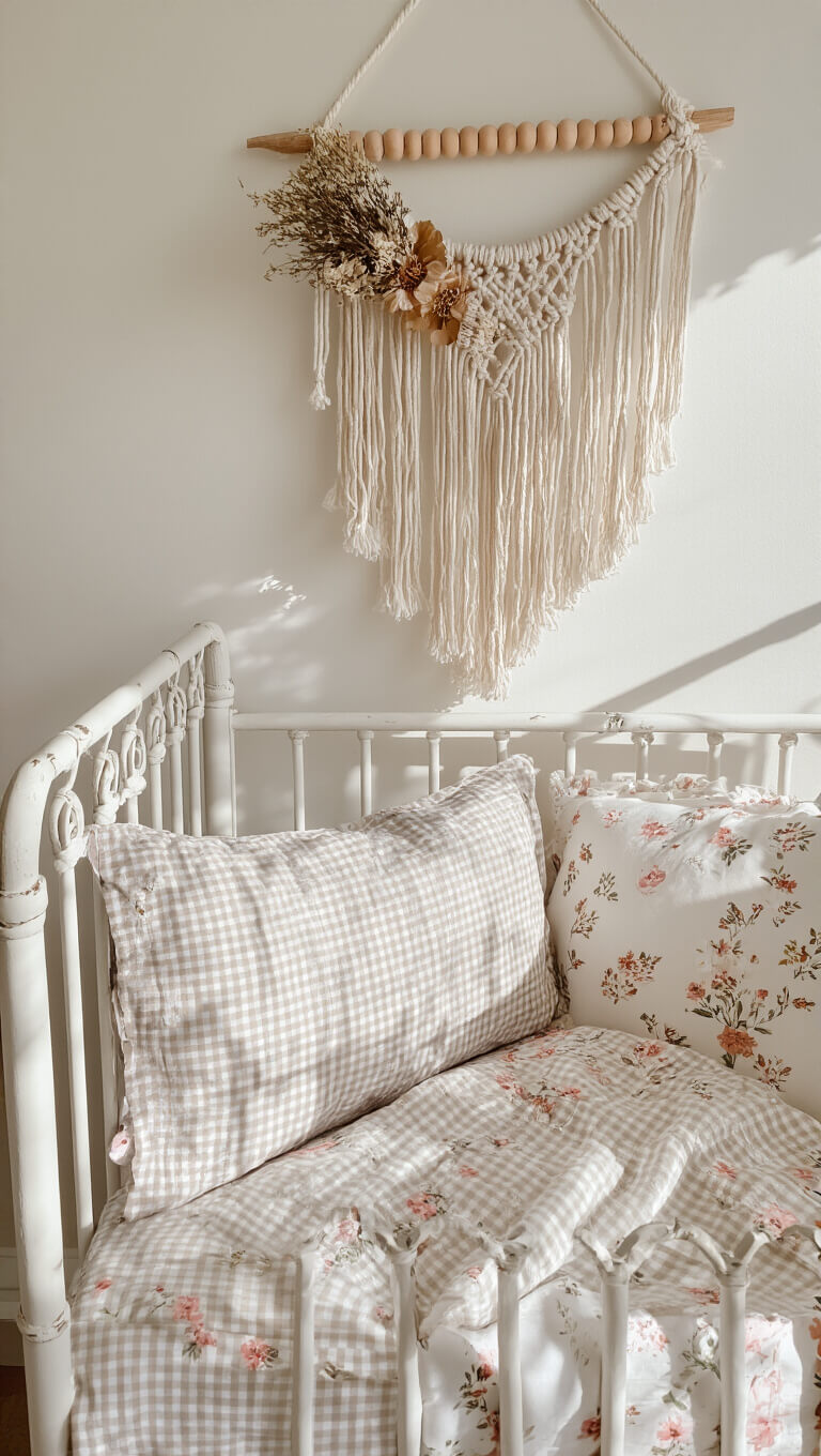 Close-up of a cozy white iron crib with gingham and floral bedding, macramé wall hanging with dried flowers above, and soft knitted mobile casting shadows in diffused afternoon light.