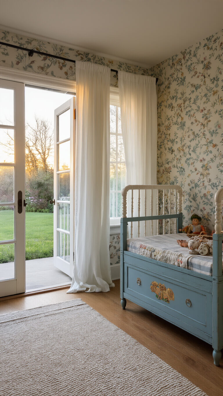 Cozy 15x15ft nursery at sunset with white crib against floral wallpaper, vintage blue toy chest, and open French doors with sheer curtains flowing toward garden.