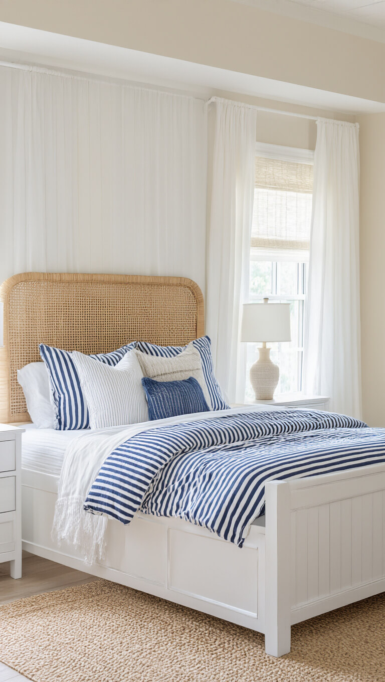Coastal-preppy teen bedroom with navy striped bedding, rattan headboard, and soft morning light filtering through white linen curtains.