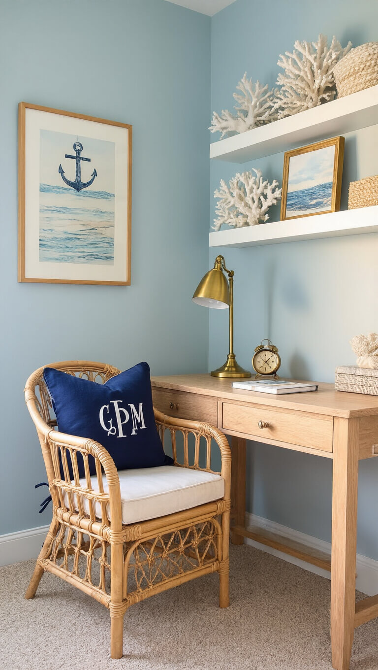 Low-angle view of a cozy bedroom study nook at golden hour with a light wood desk, rattan chair, brass lamp, and coastal-themed decor.