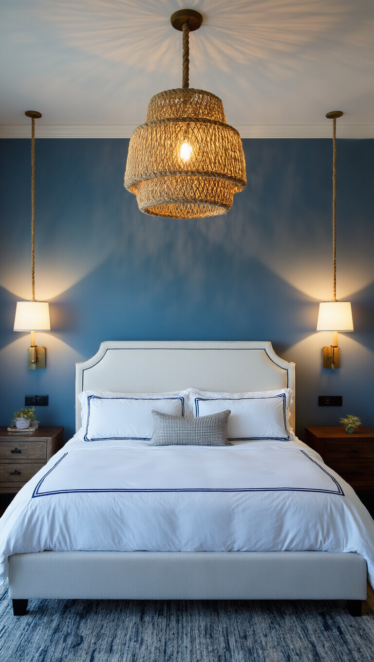 Dramatic dusk bedroom with layered lighting, white bed with navy piping, pendant light casting shadows, cool blue walls, and ambient glow.