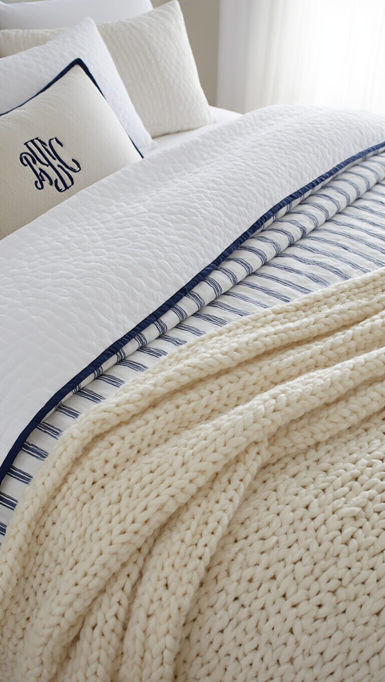 Close-up of layered bedding with white quilted duvet, navy trim, striped sheets, monogrammed shams, and cream chunky knit throw in morning light.