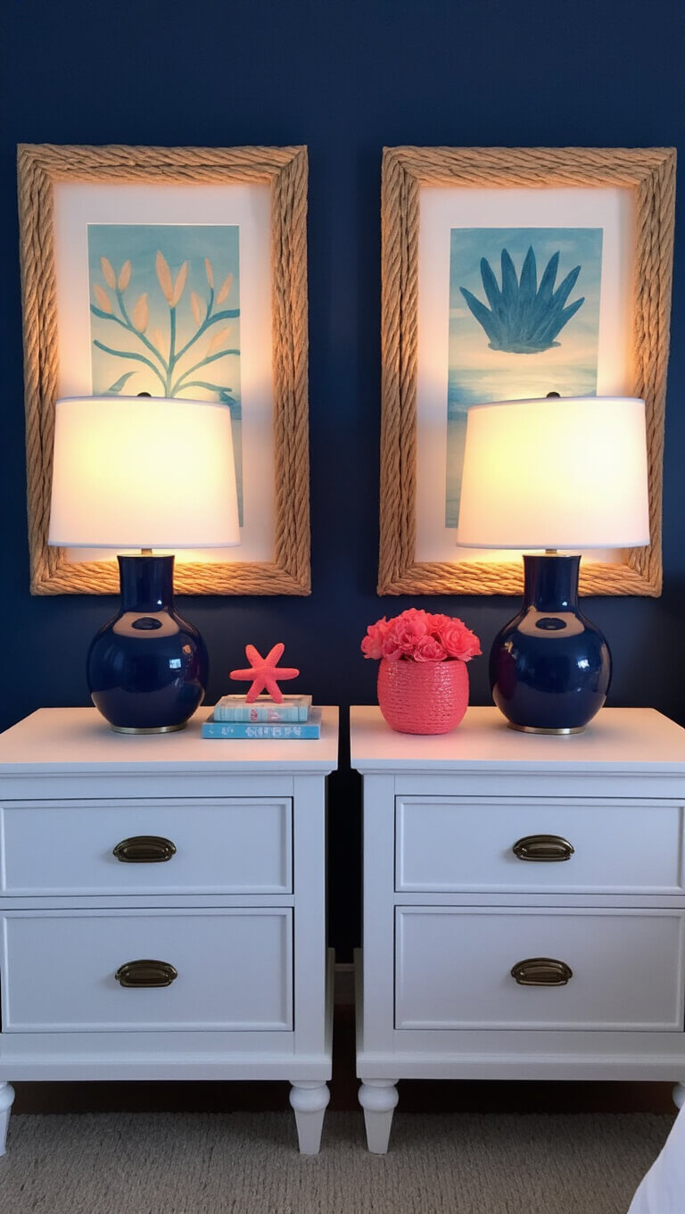 Symmetrical bedroom with white nightstands, navy lamps, coral accents, and coastal decor during blue hour.