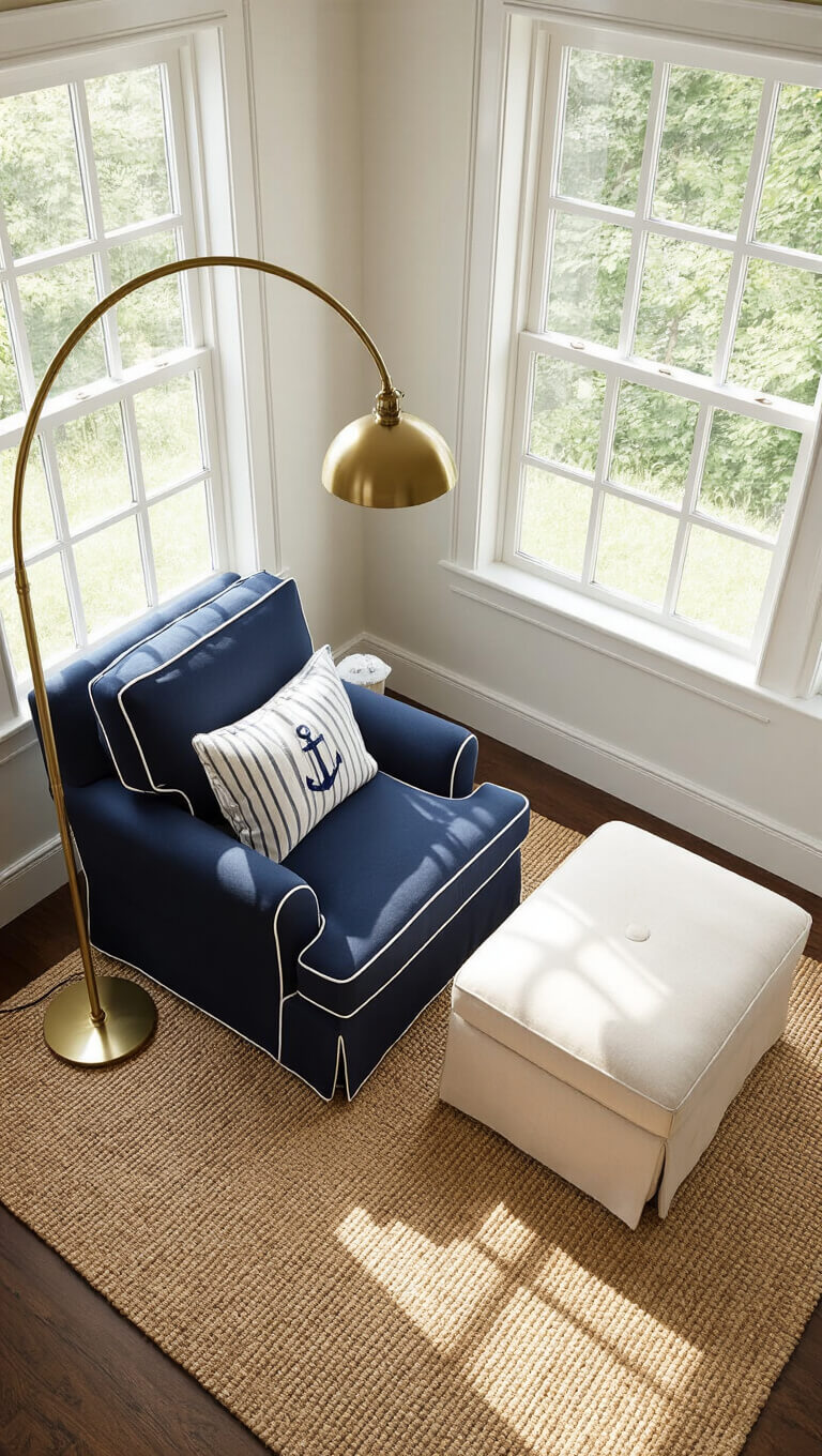 Cozy corner reading nook with navy armchair, cream ottoman, brass floor lamp, and nautical accents on a seagrass rug.