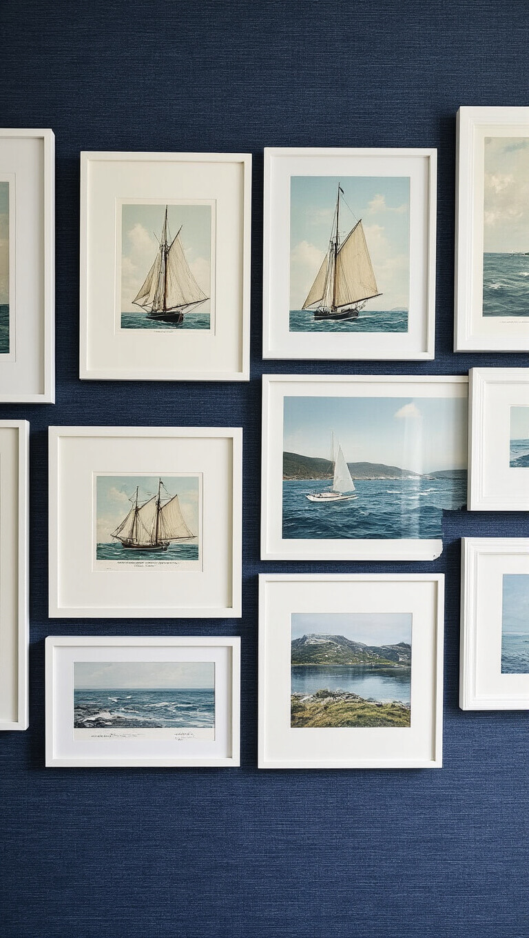 Gallery wall with vintage sailing prints and modern coastal photos in white frames on navy grasscloth wallpaper, lit to reduce glare.