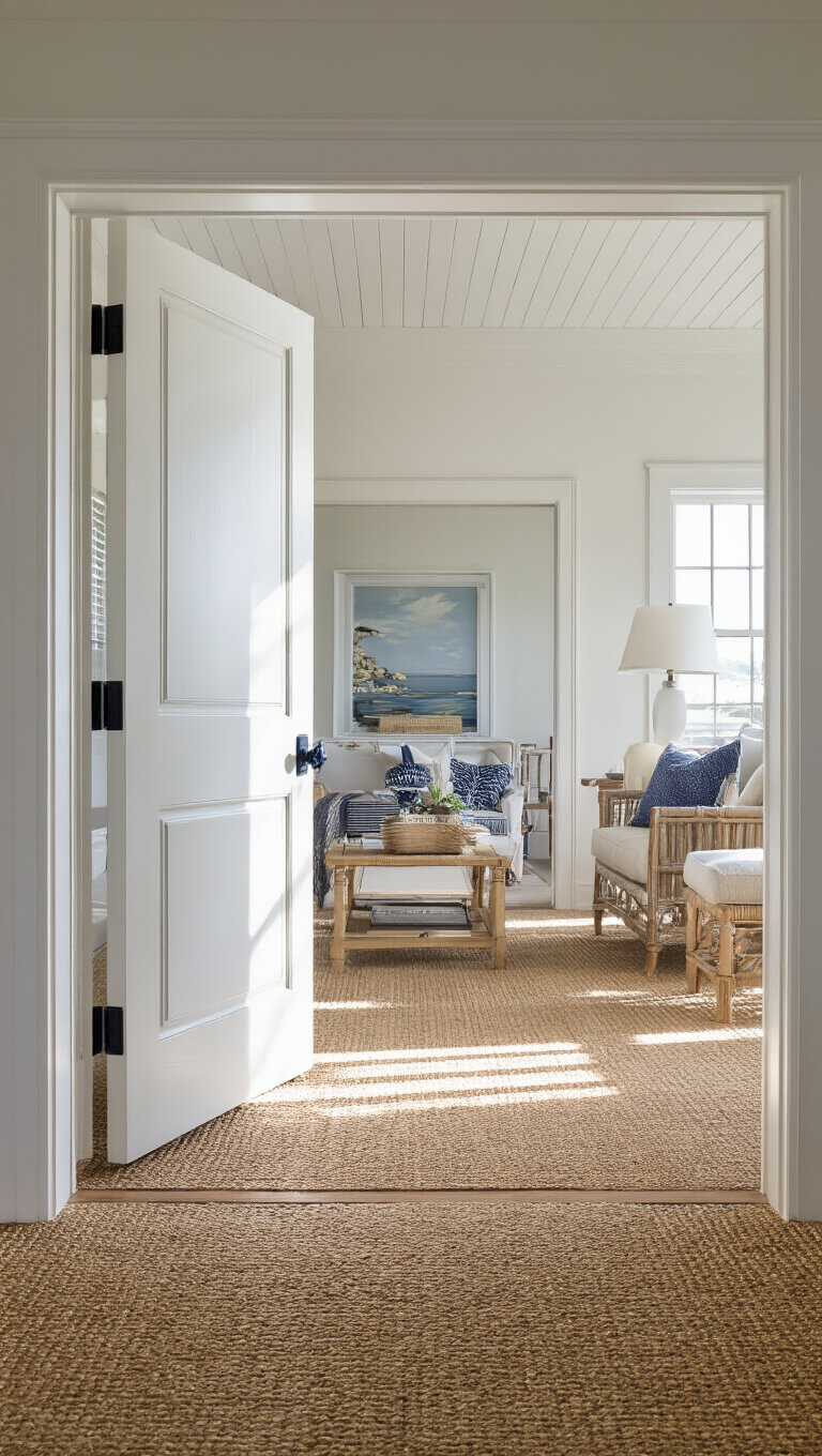 Wide-angle view through white door with navy hardware into coastal preppy room, showing layered decor, sisal carpet, and afternoon light casting long shadows.