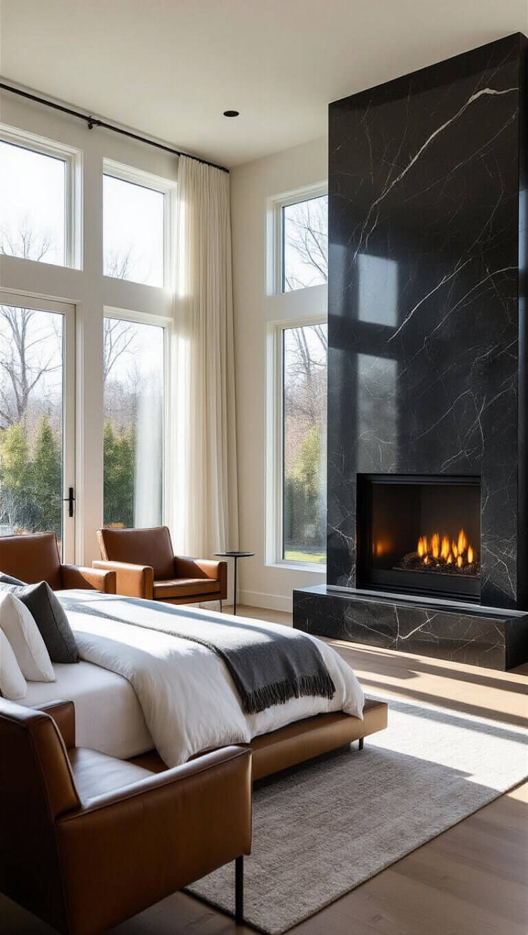 Photorealistic master bedroom with king-sized bed facing sleek black marble fireplace, early morning light streaming through floor-to-ceiling windows, modern leather chairs near fireplace, soft depth of field.