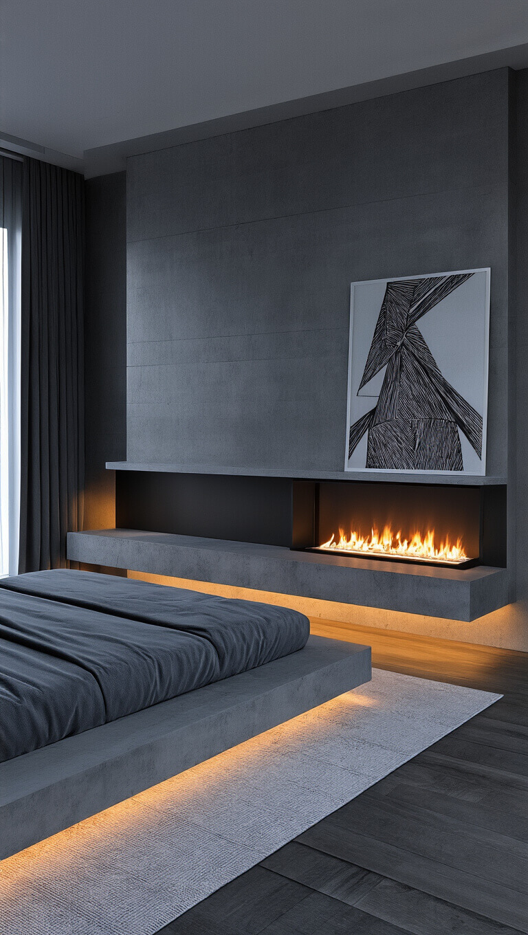 Moody contemporary 14x16ft bedroom with minimalist floor-mounted electric fireplace, charcoal platform bed, ambient LED lighting, and geometric artwork.