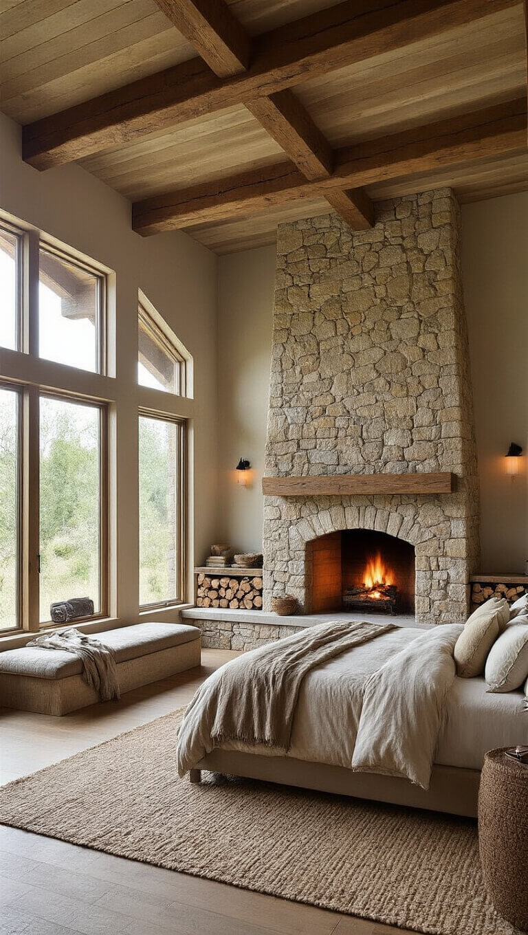 Rustic-modern 16x20ft bedroom with stone fireplace, exposed wooden beams, California king bed with earth-tone linens, and warm natural and practical lighting.
