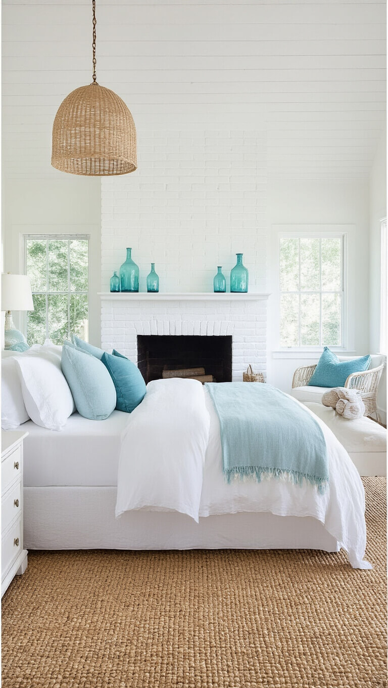 Coastal-themed 13x15ft bedroom with white brick fireplace, sea blue and white bedding, natural fiber rug, woven pendant lights, and soft mid-morning natural light.