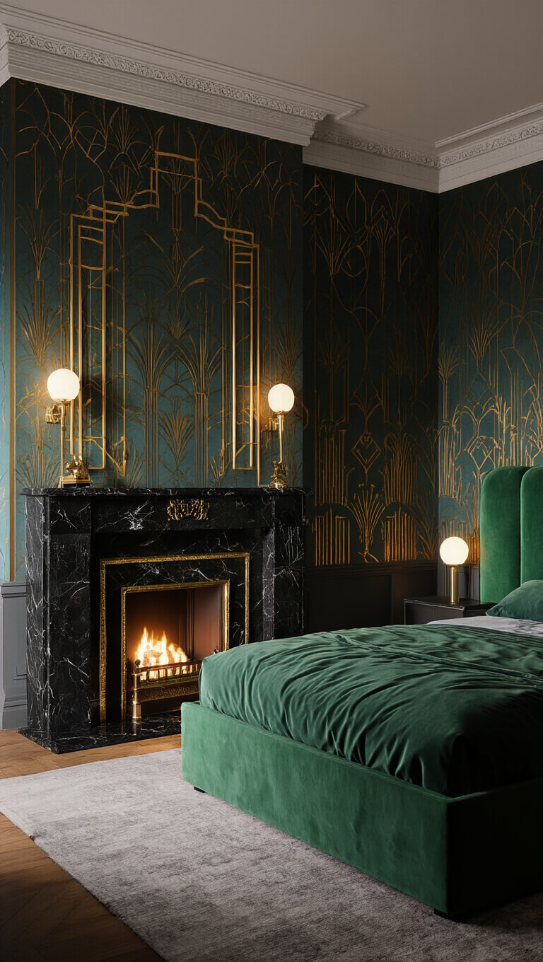 Art Deco bedroom with emerald velvet king bed, black marble fireplace with gold accents, bold wallpaper, and twilight ambient lighting.