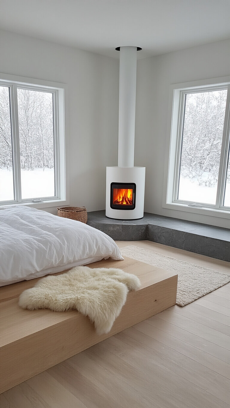 Scandinavian-style 12x14ft bedroom with white cylindrical wood-burning stove, light oak platform bed with white linens, sheepskin throws, and snowy morning light.