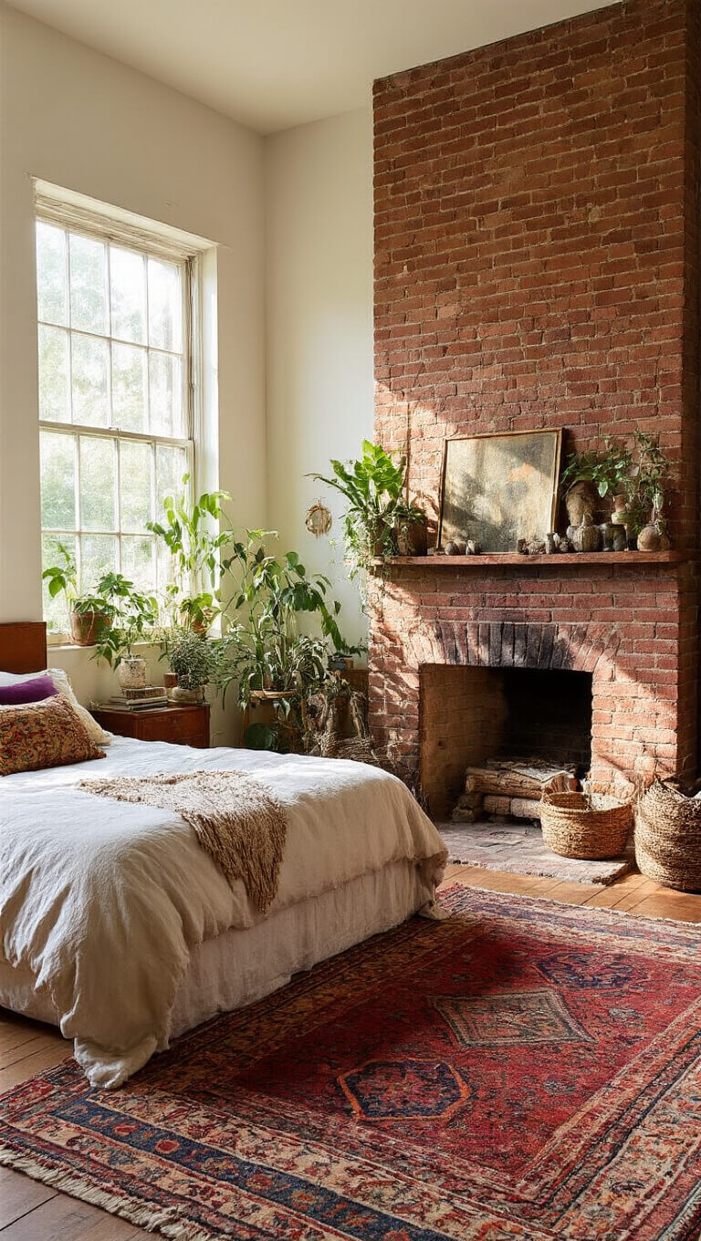 Bohemian 14x16ft bedroom with vintage brick fireplace, queen bed in jewel-tone textiles, macramé, plants, and eclectic decor in warm late morning sunlight.