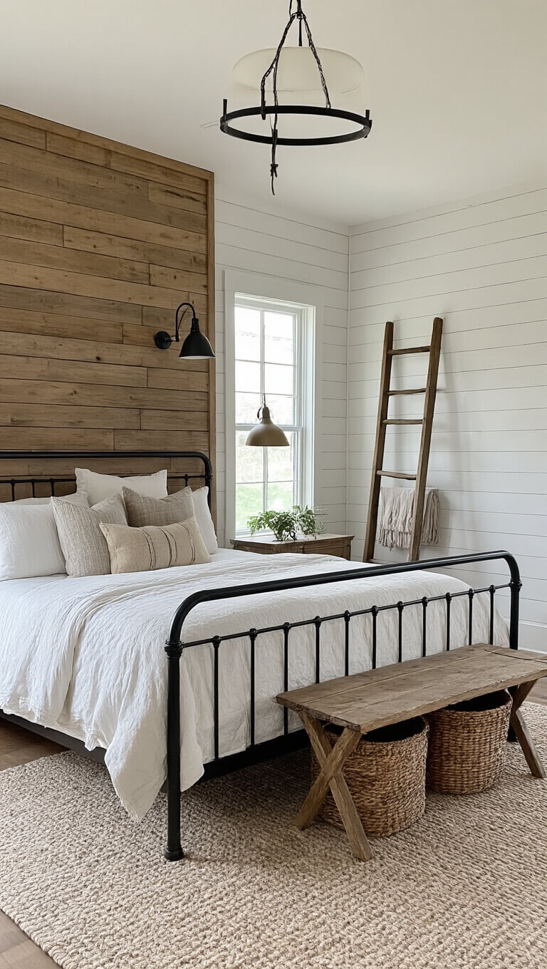 Modern farmhouse bedroom with shiplap fireplace, king iron bed, neutral decor, and soft dawn lighting.