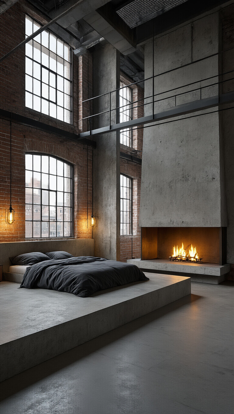 Industrial loft bedroom with concrete fireplace, platform bed, exposed ductwork, and factory windows at dusk, viewed from above.