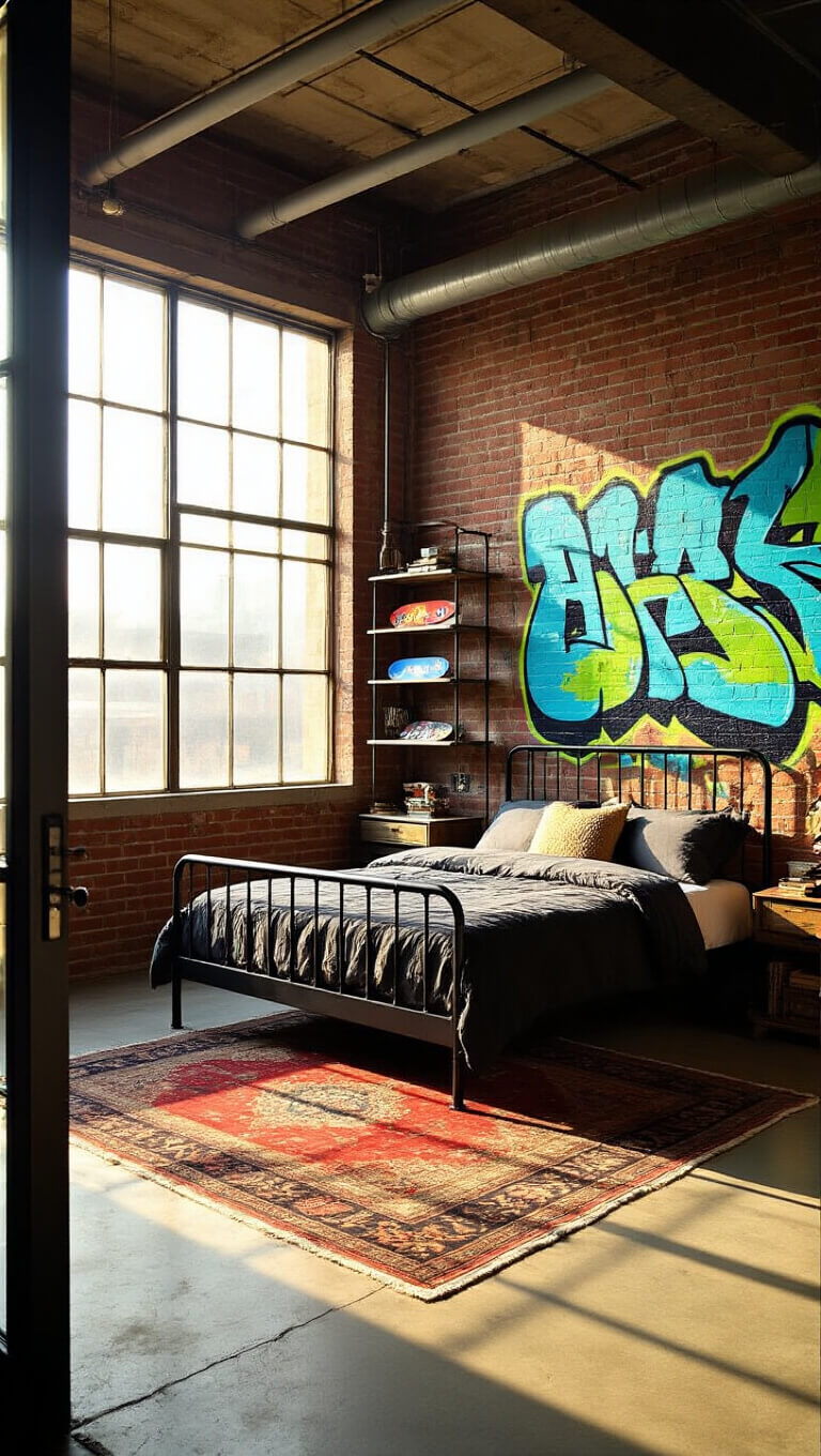 Industrial-modern bedroom with black metal bed, graffiti mural, vintage skateboards on pipe shelves, and layered rugs on concrete floor lit by golden hour sunlight through floor-to-ceiling windows.