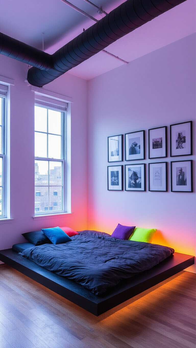 Low-angle view of a loft bedroom with 15ft ceilings, exposed black HVAC ducts, gradient LED wall lighting, floating bed with charcoal linens and neon pillows, and a grid of black-framed street photos.