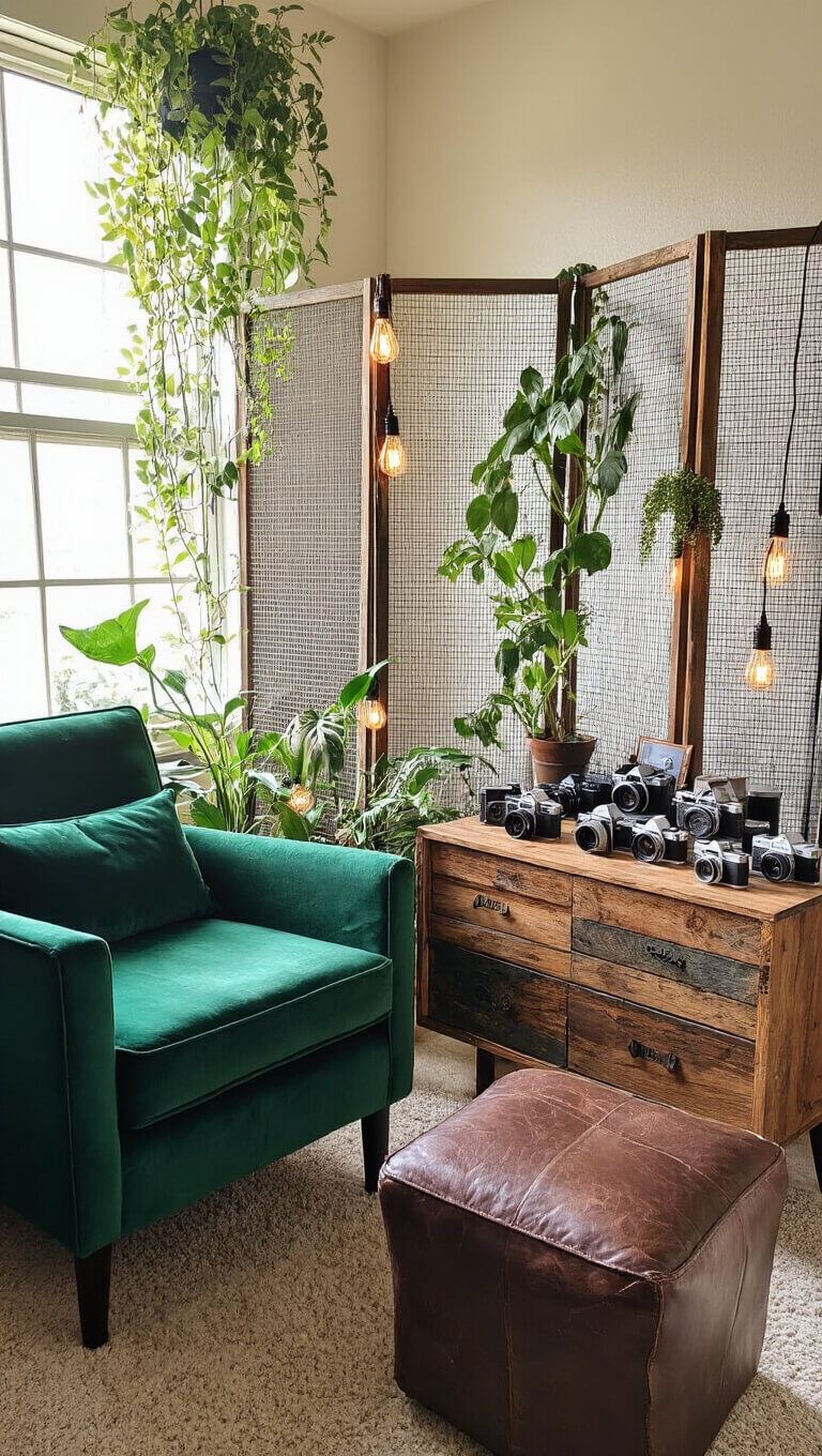 Cozy bedroom corner with plants in morning light, vintage cameras on reclaimed wood nightstand, Edison bulbs on metal mesh divider, velvet emerald armchair, and leather ottoman.