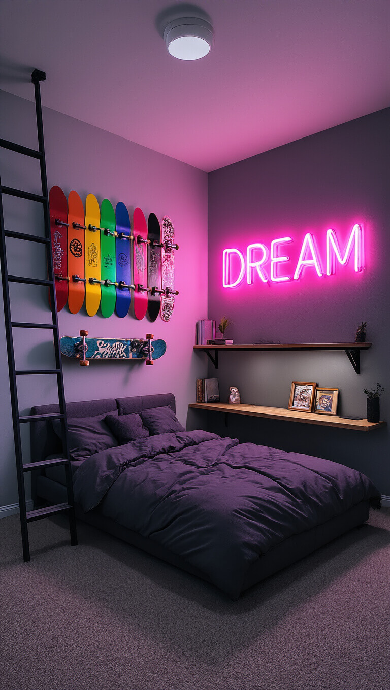 Contemporary 16x18ft bedroom at dusk with rainbow skateboard deck feature wall, pink neon 