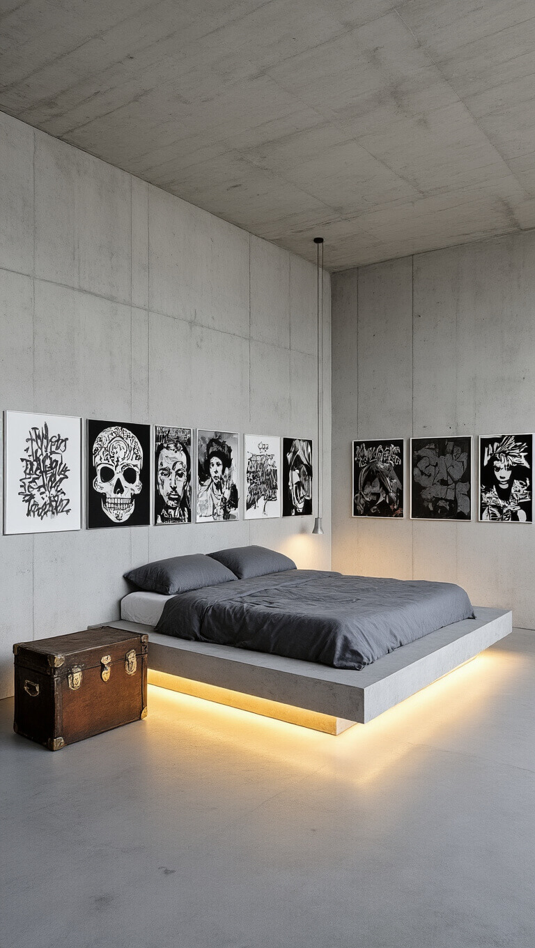 Minimalist 14x16ft room with concrete walls and floor, platform bed with hidden LED lighting, vintage trunk bench, and framed street art prints; shot straight-on at bed height.