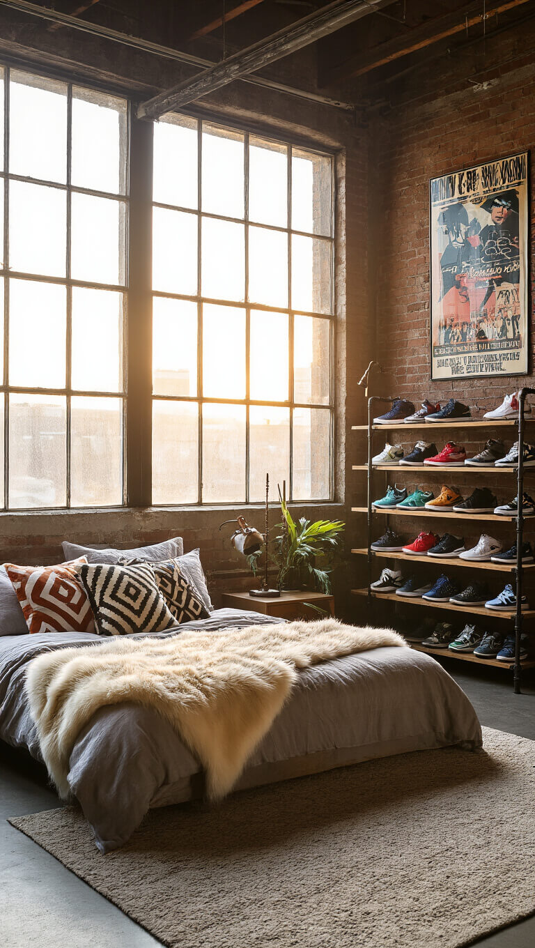 Golden hour light fills a converted warehouse bedroom with exposed steel beams, vintage concert posters, custom pipe and wood shelving, sneakers, and layered textiles.