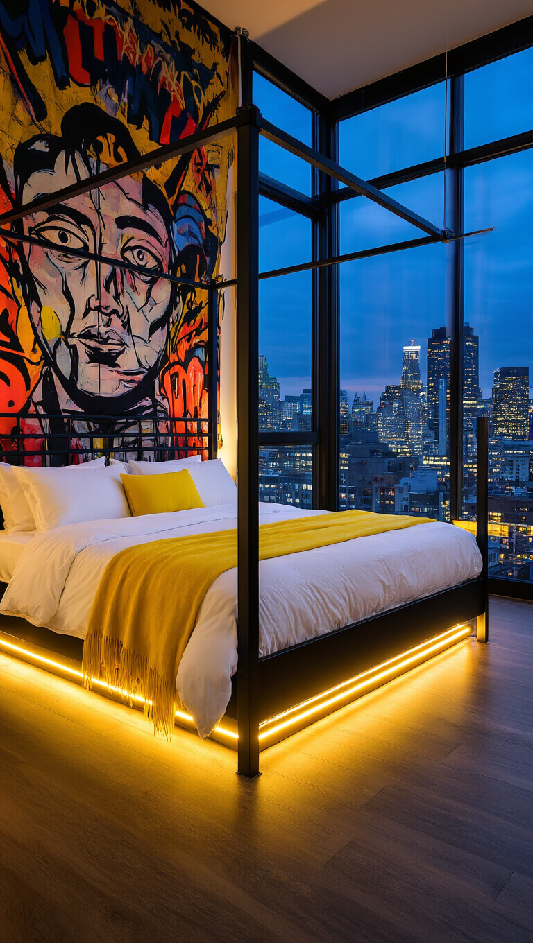 Twilight urban bedroom with black four-poster bed, white linens and yellow accents, city lights visible through floor-to-ceiling windows, street art tapestry, and LED lighting highlights.