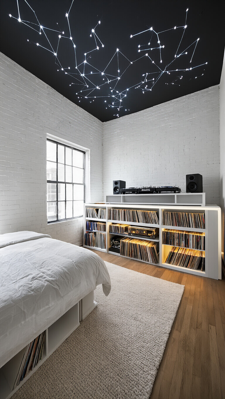 Corner view of modern 16x20ft bedroom with white brick walls, matte black ceiling, floating DJ booth, illuminated record shelves, and fiber optic constellation lighting.