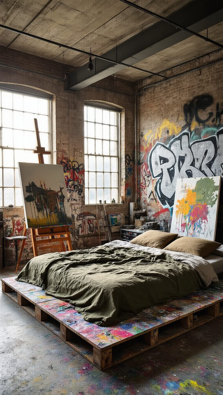 Sunlit open-plan bedroom studio with paint-splattered drop cloths, industrial easel, and steel-frame bed with vintage army blankets.