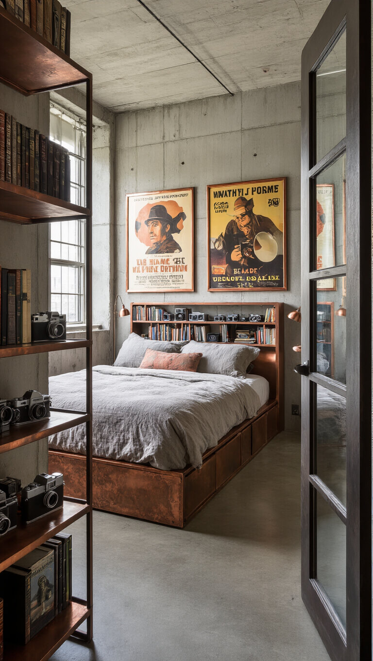 Late afternoon light filters into a 14x16ft urban bedroom with concrete walls adorned by copper-framed vintage movie posters, a custom welded bed with bookshelf headboard, and antique cameras on floating metal shelves.