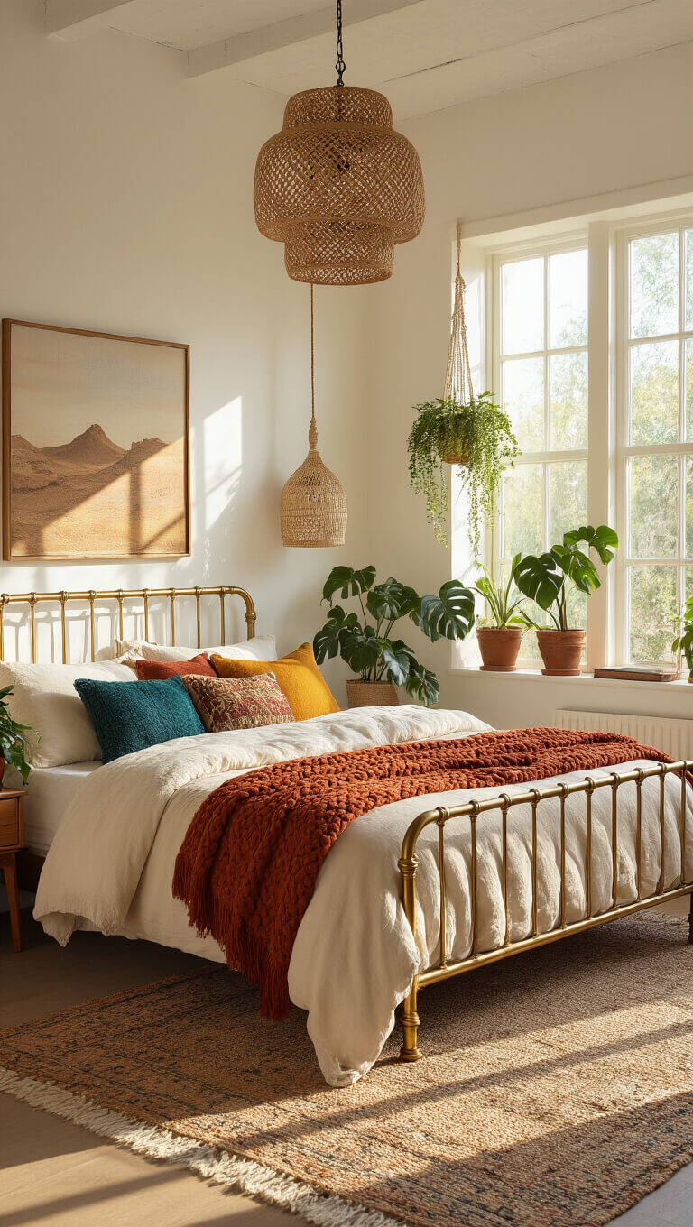 Boho bedroom with vintage brass bed, layered textiles, and golden hour sunlight through large windows, featuring macramé wall art, rattan lighting, and lush plants.
