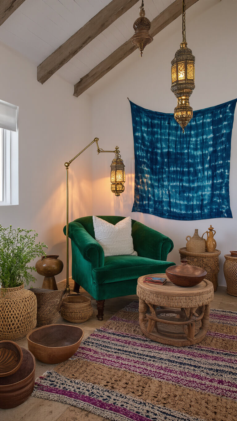 Bohemian bedroom at twilight with Moroccan lantern lighting, emerald velvet chair, brass lamp, artifacts, and indigo tapestry under exposed beam ceiling.