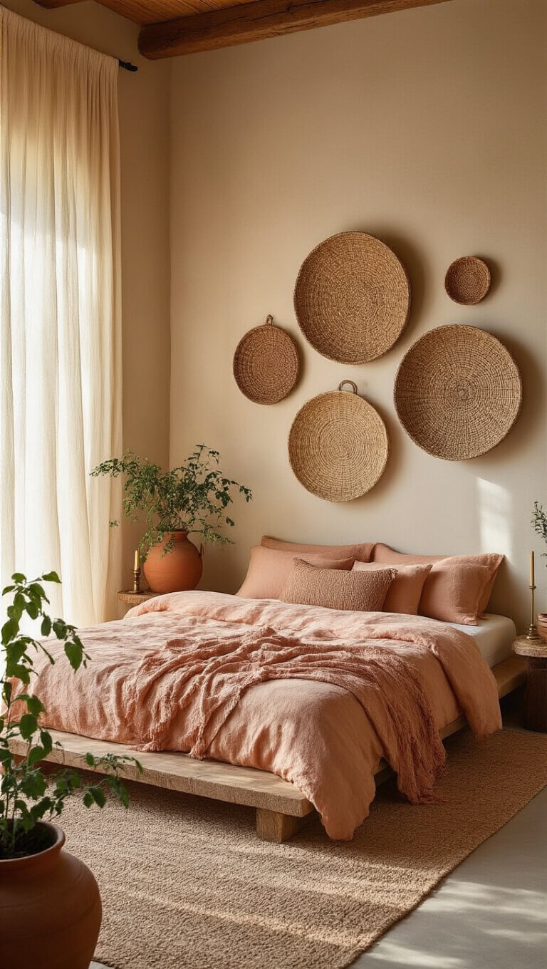 Boho desert bedroom with peach linen bed, terra cotta pots, woven wall baskets, and warm morning light filtering through sheer curtains.