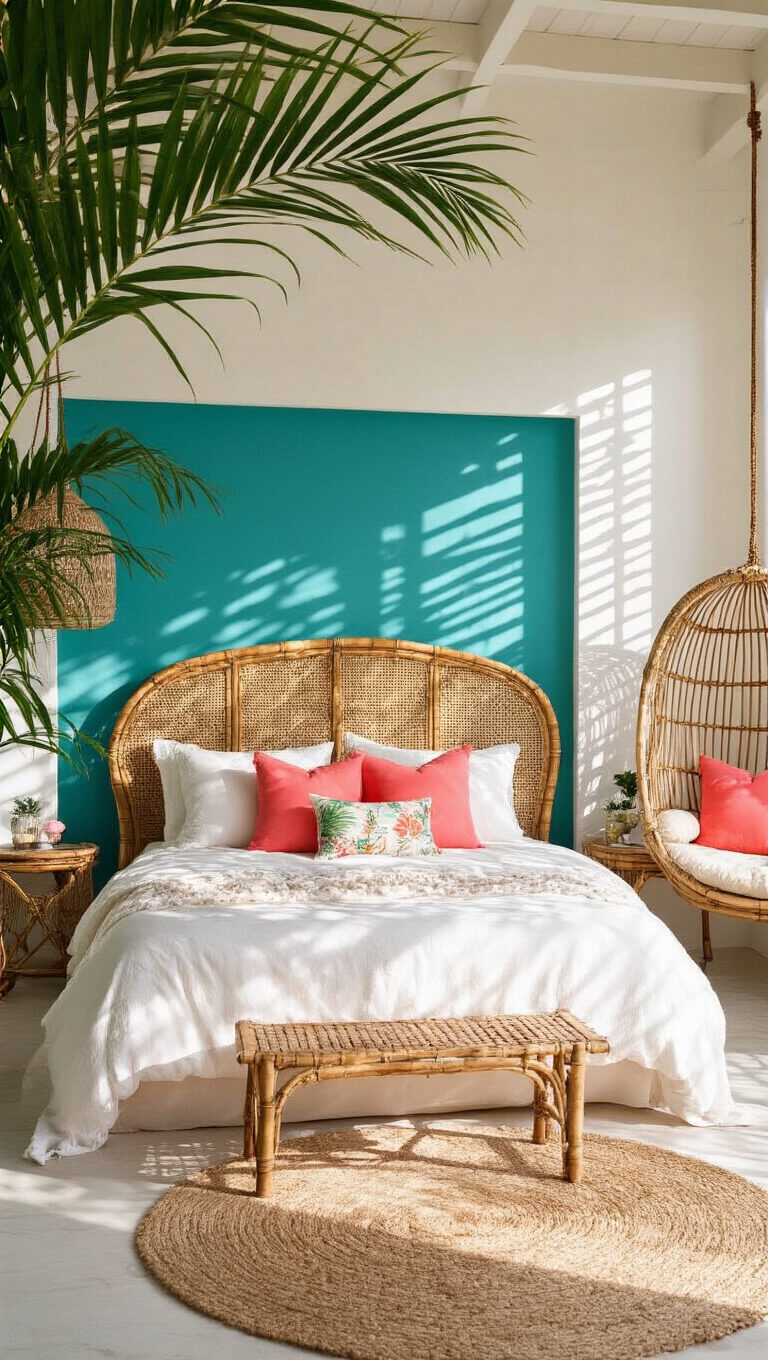 Overhead view of tropical boho bedroom with teal accent wall, rattan headboard, coral pillows, vintage bamboo furniture, and palm leaf shadows on white walls.
