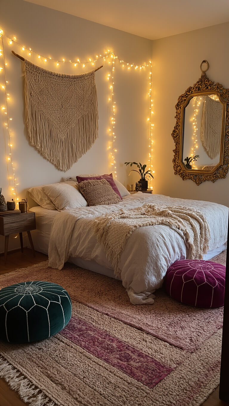 Cozy 10x12ft boho bedroom at dusk with string lights, layered rugs, velvet poufs, chunky wall hanging, and brass mirror reflecting warm, intimate lighting.