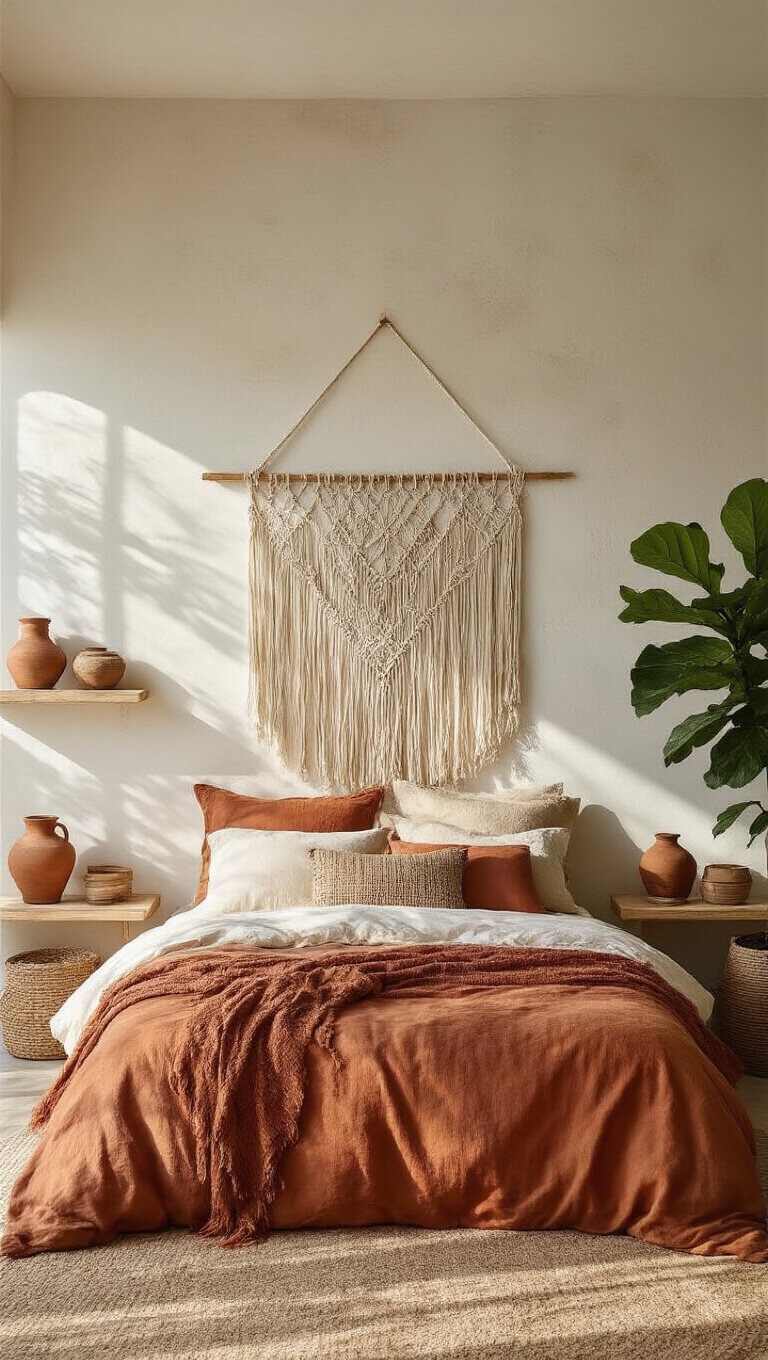 Boho bedroom with macramé headboard, earth-toned bedding, pottery on shelves, and fiddle leaf fig casting shadows in late afternoon light.