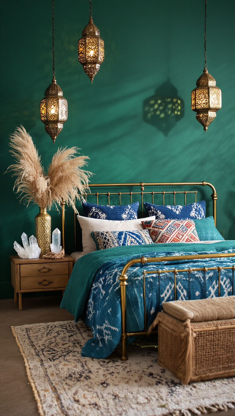 Moody boho bedroom with emerald accent wall, brass bed, indigo mudcloth, kilim pillows, and Moroccan lantern lighting.