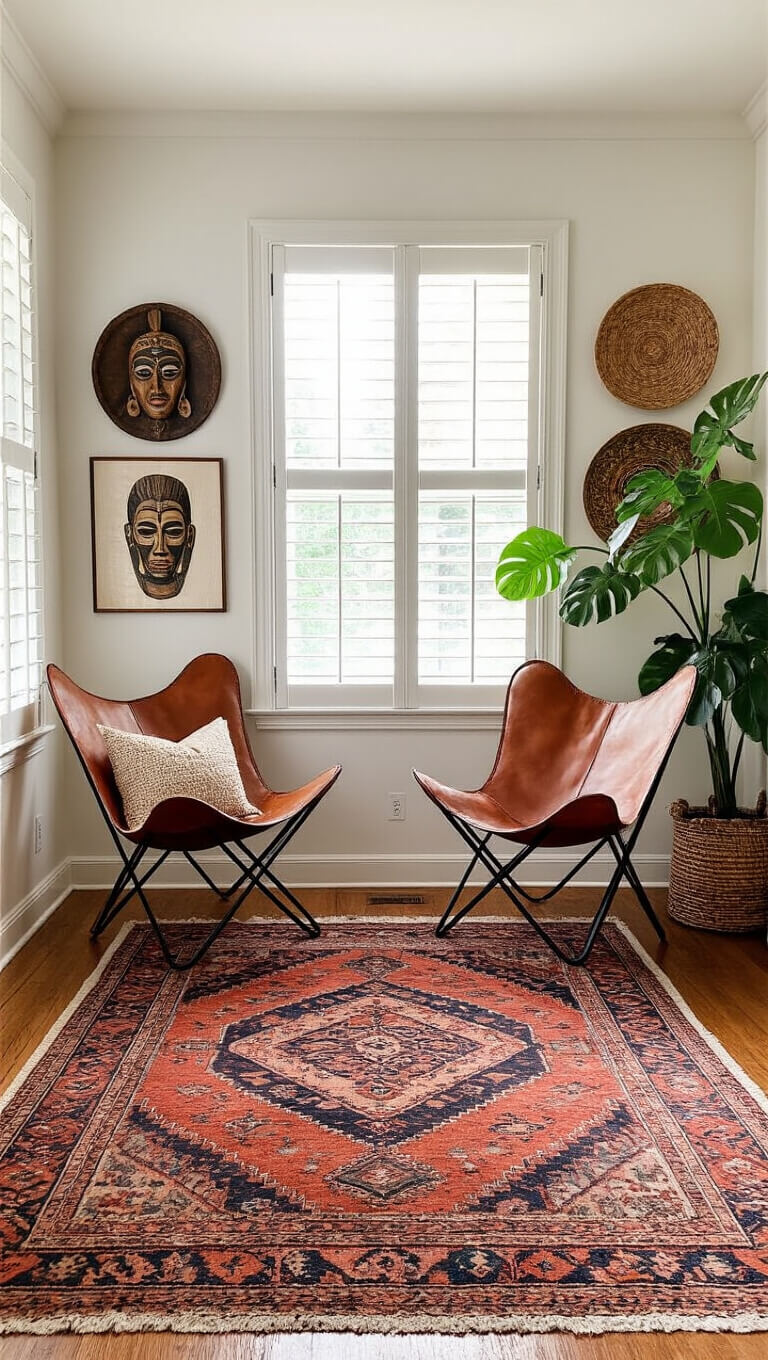 Boho living room with morning light through plantation shutters, vintage Persian rug, leather butterfly chair, gallery wall of tribal art and prints, and large monstera plant in corner.