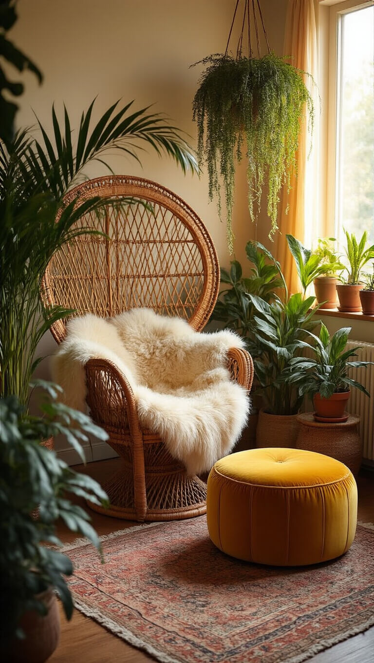 Cozy boho bedroom nook with rattan peacock chair, sheepskin throw, potted plants, mustard velvet ottoman, and layered vintage rugs in golden hour light.
