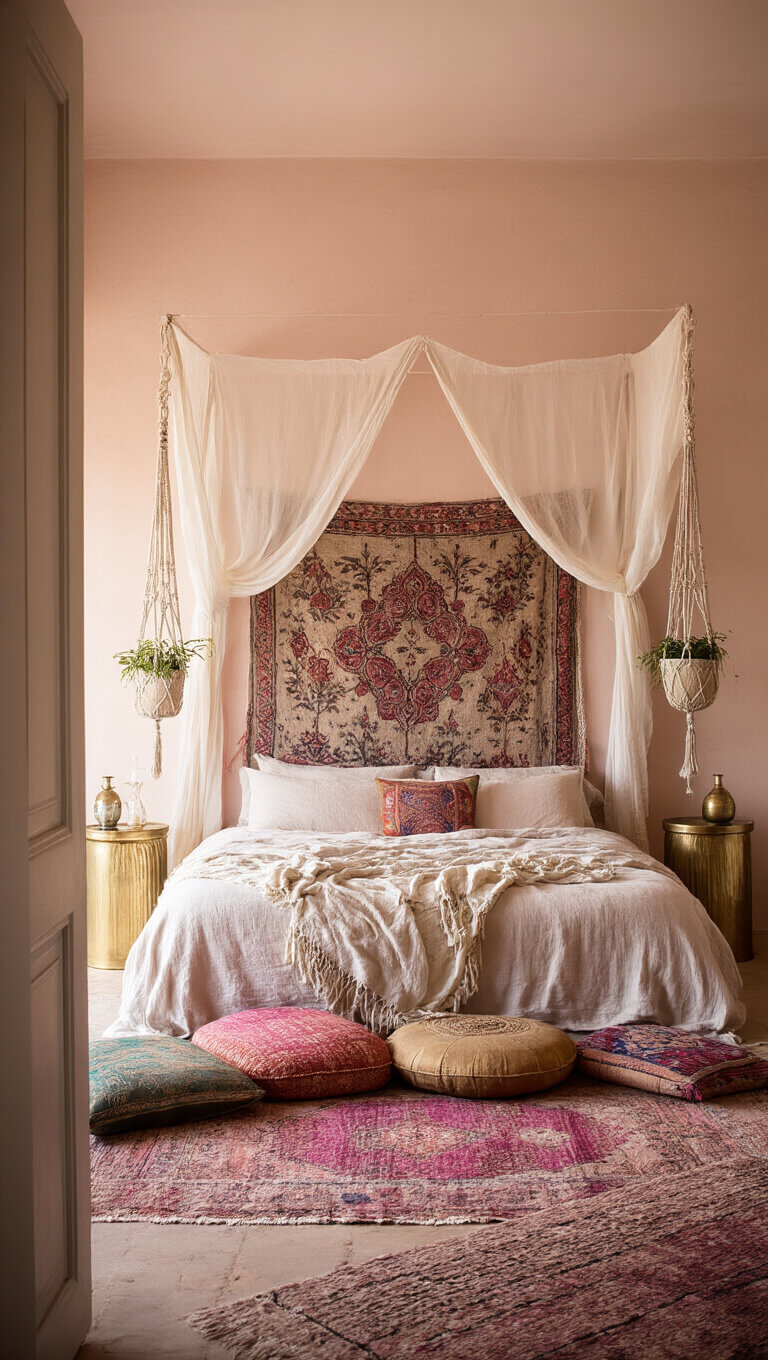 Boho bedroom at twilight with four-poster bed, Moroccan blanket headboard, jewel-tone cushions, brass tables, and macramé planters in soft pink-golden light.