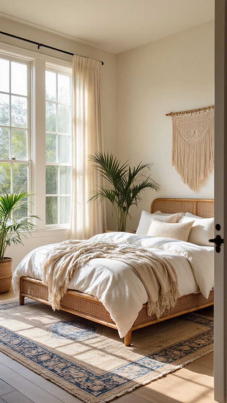 Sunlit airy bedroom with rattan bed, layered linens, vintage rug, and bay windows framed by sheer curtains.