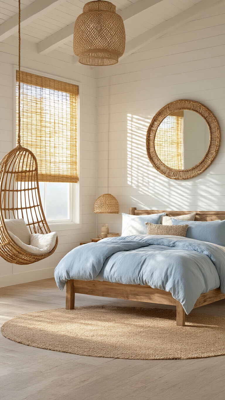 Cozy 12x12ft boho coastal bedroom at golden hour with bamboo blind shadows, teak bed, sea-toned bedding, hanging rattan chair, and oversized mirror reflecting warm light.