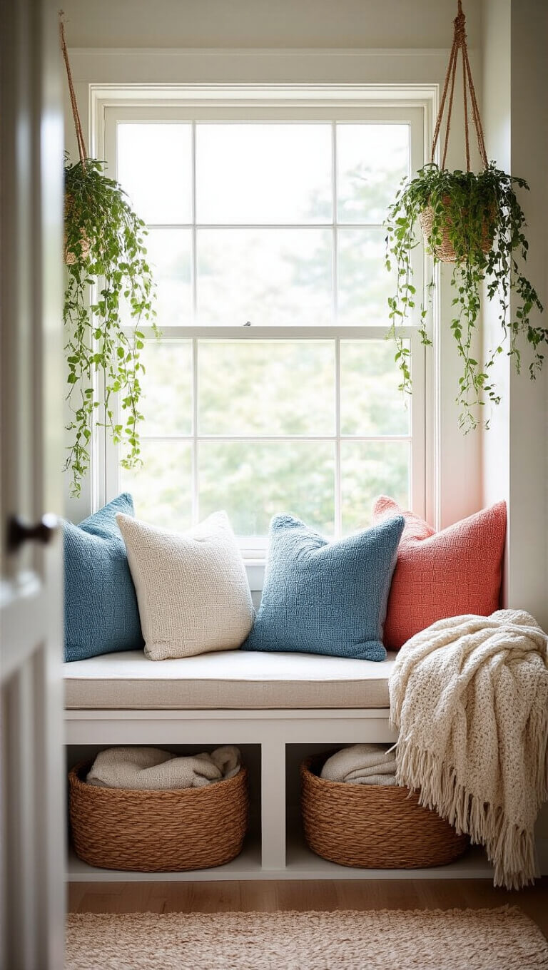 Window seat with ocean blue and coral coastal cushions, woven baskets below, and trailing plants, bathed in soft late afternoon light.