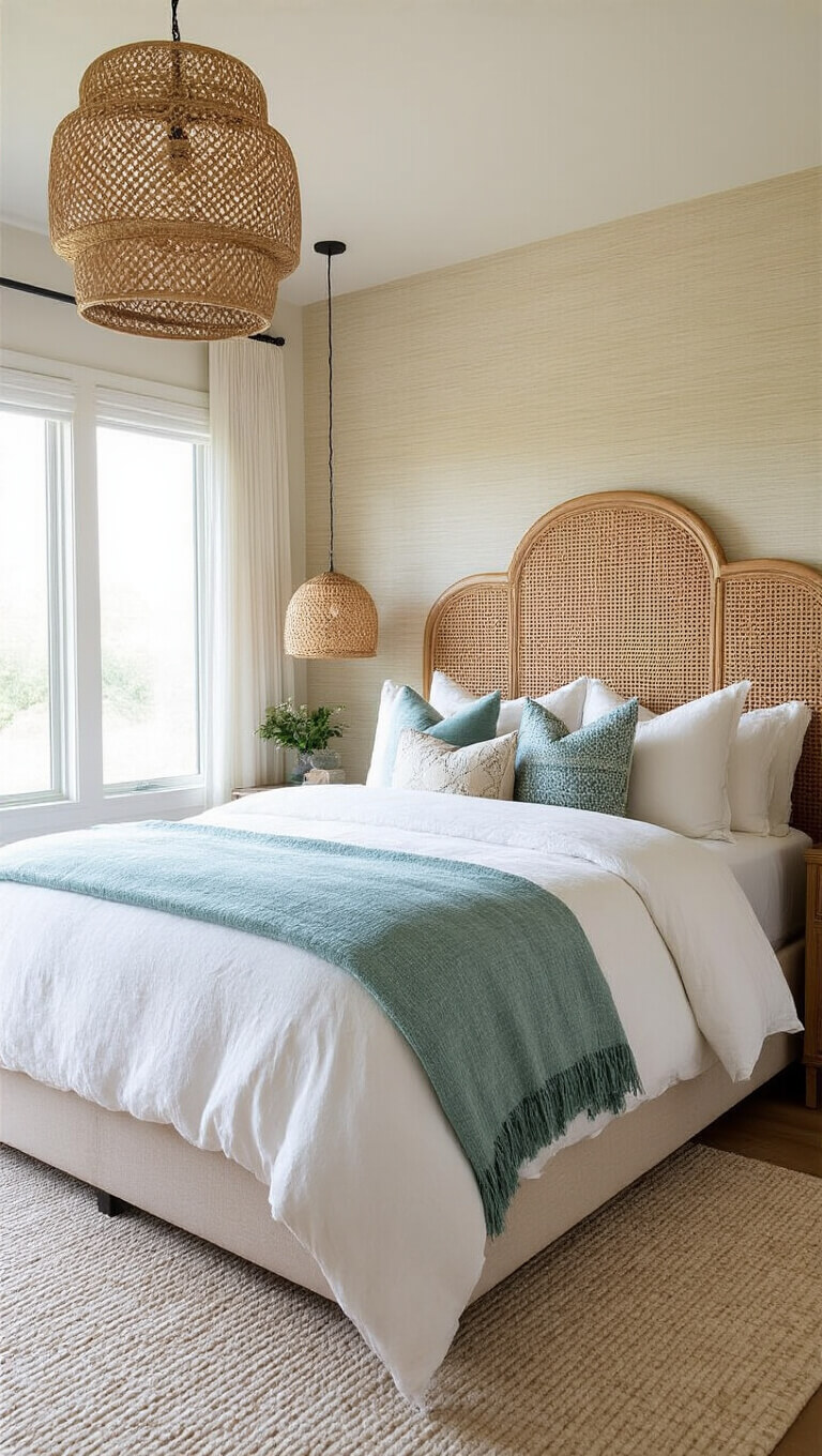 Wide-angle view of serene 15x18ft bedroom with caned headboard, pale sand grasscloth wallpaper, layered white and aqua bedding, and warm handwoven pendant lights at dusk.