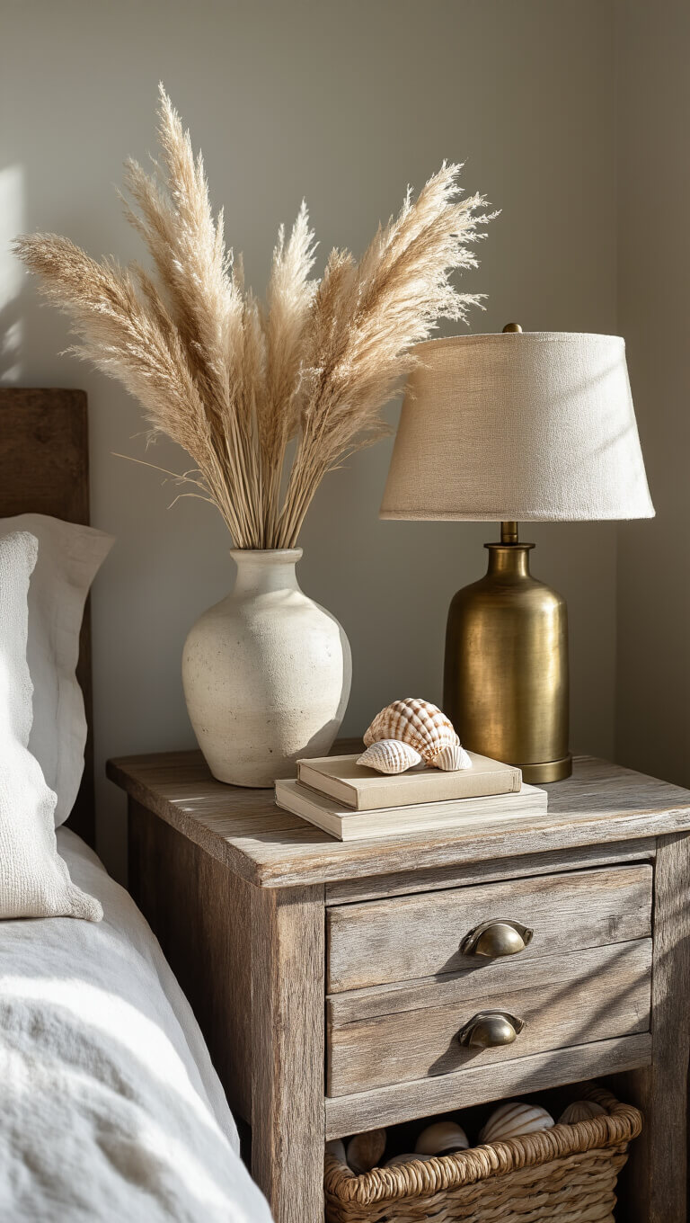 Boho coastal bedside scene with pampas grass in ceramic vase, brass lamp, design books, and seashells on weathered wood nightstand.